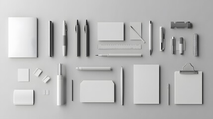 Poster - A top-down shot of a variety of stationary items including pens, an eraser, and sticky notes, on a modern desk, plain background, 4K resolution