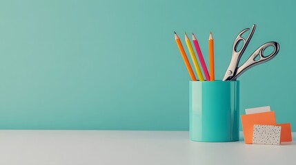 Poster - A front-angle close-up of a pencil holder with pens, scissors, and sticky notes, arranged on a plain table, plain background, 4K resolution