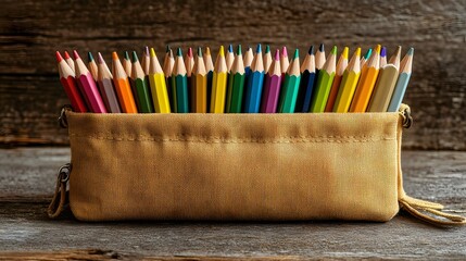 Poster - A wide shot of a pencil case filled with colored pencils and pens, placed neatly on a rustic table, plain background, 4K resolution