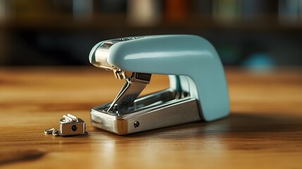 Poster - A side-angle view of a small stapler, paper clips, and a sharpener, neatly arranged on a wooden table, plain background, 4K resolution