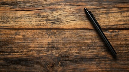 Poster - A top-down view of a single black pen placed neatly on a wooden table, minimal style, plain background, 4K resolution