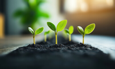 Five young seedlings growing in soil, symbolizing hope and new beginnings