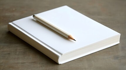 Poster - A close-up, side-angle shot of a simple white notebook and one pencil, aligned perfectly on a clean table, minimal style, plain background, 4K resolution