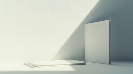 Poster - A close-up, side-angle shot of a simple white notebook and one pencil, aligned perfectly on a clean table, minimal style, plain background, 4K resolution