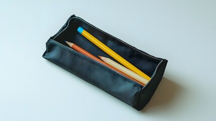 Poster - A side-angle shot of a simple pencil case open with just a few essentials, plain background, minimal style, 4K resolution