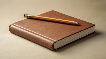 Poster - A minimalist setup of a single notebook with one pencil resting across it, plain background, 4K resolution