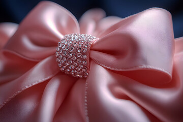 Poster - A close-up of a pink satin bow adorned with a sparkling jewel center, showcasing elegance and a soft texture.