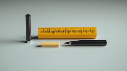 Poster - A front-angle shot of a ruler, eraser, and single marker, neatly arranged on a sleek surface, minimal style, plain background, 4K resolution