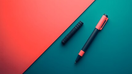 Poster - A top-down shot of a single marker and an eraser, aligned on a polished desk, minimal style, plain background, 4K resolution
