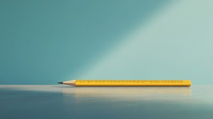 Poster - A close-up, side-angle of a simple ruler and pencil, positioned precisely on a smooth table, plain background, 4K resolution