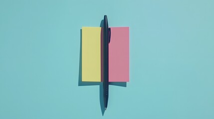 Poster - A top-down view of a single pen and sticky note aligned symmetrically, creating a minimal look, plain background, 4K resolution