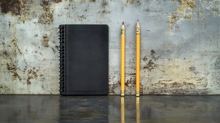 Poster - A wide-angle shot of a mechanical pencil and a notebook, placed side by side on a polished table, minimal style, plain background, 4K resolution
