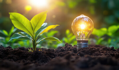 small plant sprouting from ground with light bulb next to it, symbolizing growth and power of renewable energy