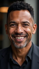 A confident African-American man poses for an urban portrait exuding happiness and maturity as a middle-aged successful business professional