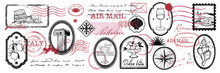 Vintage mail stamp print set, vector summer travel postcard grunge label, antique envelope seal sign. Italian postage letter collection, handwriting design grunge elements. Scrapbook vintage mail logo