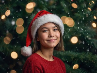 Portrait of a cheerful woman wearing a Christmas hat, radiating warmth and happiness against a festive holiday background, perfectly capturing the spirit of the season.