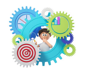 Poster - A character holding a magnifying glass surrounded by gears with charts, clocks, and a target symbol, isolated on a white background. 3D Rendering