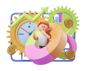 Poster - Cartoon character with magnifying glass, surrounded by business charts, gears, and symbols of time and money. White background. 3D Rendering