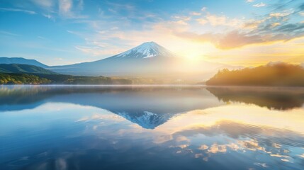 Poster - A dramatic view of Mount Fuji reflected in the calm waters of a nearby lake with a sunrise casting a golden glow over the landscape, serene setting with warm light, Mountain style