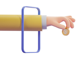 Poster - A stylized hand holding a coin through a blue phone frame. Isolated on a clean white background, concept of digital or mobile payment. 3D Rendering
