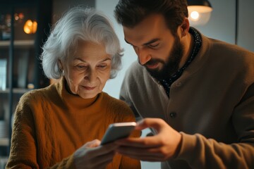 Bridging the generational gap: a young man assists an elderly woman with modern technology, emphasizing family connection and learning in the digital age