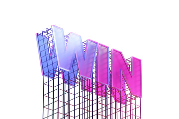 Poster - Transparent 3D WIN text with blue and pink gradient colors built on a wireframe structure, isolated on a white background. 3D Rendering