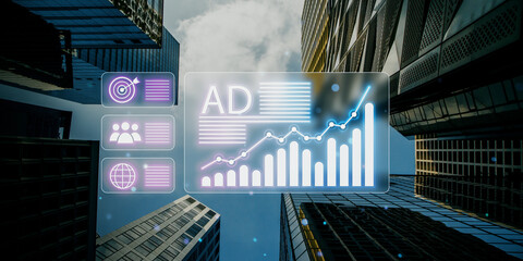 Poster - Digital advertising concept with data graphs and icons on a background of skyscrapers and sky in a virtual interface.