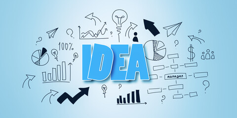 Poster - Idea concept with business icons and sketches on blue background. 3D Rendering