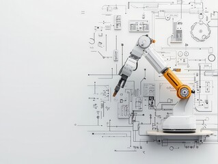 Wall Mural - Blueprint of robotic assembly stations, AI data pathways, advanced manufacturing design