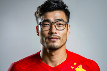 A man wearing glasses and a red shirt