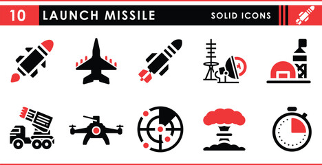 A set of solid icons related to Launch missile. Military, missile, jet, satellite, base, explosion, radar and so on. Vector flat icons.