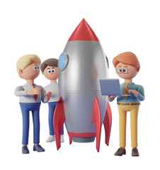 Poster - Three cartoon characters discussing a rocket. They are standing on a white background, symbolizing a startup launch concept. 3D Rendering