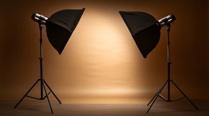 Two studio lights with softboxes are set up on tripods in front of a brown backdrop.