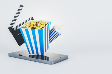 Poster - Popcorn and soda on smartphone with clapperboard on white background. 3D Rendering