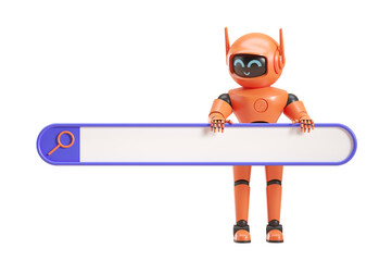 Poster - Orange robot holding a search bar with a magnifying glass icon. Isolated on white background. Concept of AI bot assistance and internet search. 3D Rendering