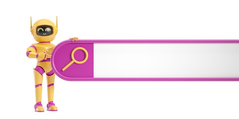Poster - Yellow robot holding a pink search bar icon with a magnifying glass symbol, isolated on a white background, concept of AI assistance. 3D Rendering