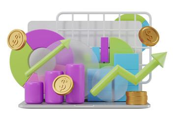 Poster - Colorful 3D business chart with coins, bars, and arrows. Displayed on a white background. Concept of growth, finance, and startup success. 3D Rendering.