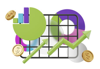 Poster - 3D business chart with pie graphs, green upward arrow, and gold coins, on white isolated background. Concept of growth, finance. 3D Rendering.