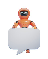 Poster - Playful robot character holding a blank speech bubble sign, isolated on a white background. Concept of communication, tech, and AI. 3D Rendering