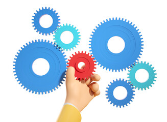 A hand holding a red gear, surrounded by blue and teal gears. Isolated on white background. Concept of teamwork and collaboration. 3D Rendering