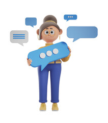 Poster - Cartoonish figure holding a large speech bubble, surrounded by other speech bubbles. Isolated on white background. Concept of communication. 3D Rendering.