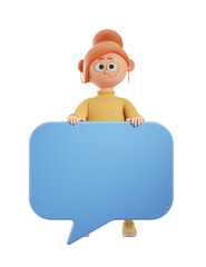 Poster - A person holding a big blue speech bubble, standing behind it. Clean and isolated on a white background, mockup template for ideas. 3D Rendering