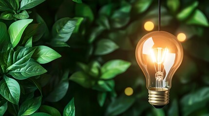 Fototapete - Glowing light bulb suspended over a bed of lush green leaves symbolizing the creative thinking process and innovation in the fields of business and alternative energy solutions