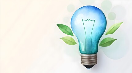 Poster - Glowing watercolor lightbulb in blue and green hues symbolizing sustainable and innovative business strategies with gentle bokeh and energy symbols in the background