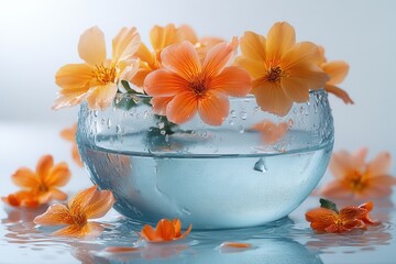 An elegant frosted glass vase is tilted on its side, showcasing vibrant flowers scattered around it. Water spills across a bright white surface, creating a serene and fresh atmosphere.