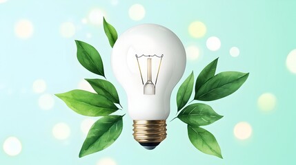 Glowing light bulb radiating clean energy in a watercolor backdrop with subtle green tones and delicate bokeh lights representing a creative marketing idea or innovative business concept