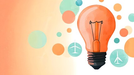 Poster - Watercolor light bulb as a metaphor for creative breakthrough surrounded by clean energy symbols like wind turbines and solar panels set against a dreamy bokeh filled background in warm