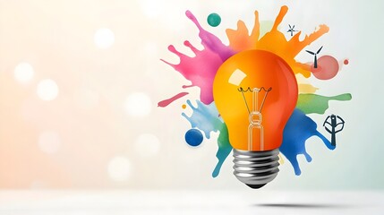 Poster - A floating light bulb with vibrant watercolor splashes representing the spark of genius ideas in marketing surrounded by clean energy icons and soft bokeh highlights to signify innovation creativity