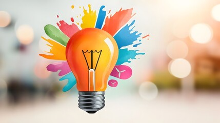 Aufkleber - Floating light bulb with vibrant watercolor splashes symbolizing the spark of genius ideas in marketing surrounded by clean energy icons and ethereal bokeh highlights