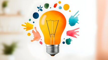 Aufkleber - Brilliant lightbulb symbolizing creative genius surrounded by vibrant watercolor splashes and clean energy icons representing sustainable solutions